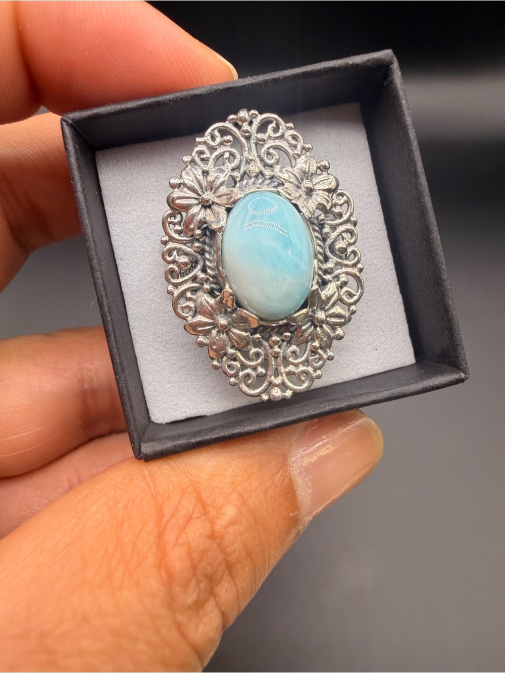 925 Sterling Silver Larimar Stone Flowers Filigree Designed Ring Size 10.